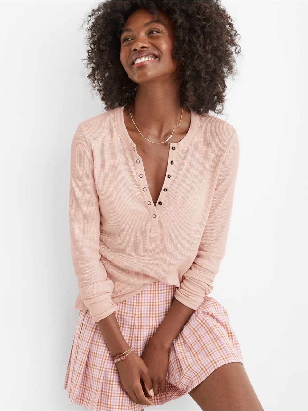 aerie Peach Ribbed Snap-Front Waffle Knit Henley in Liquid Crystal